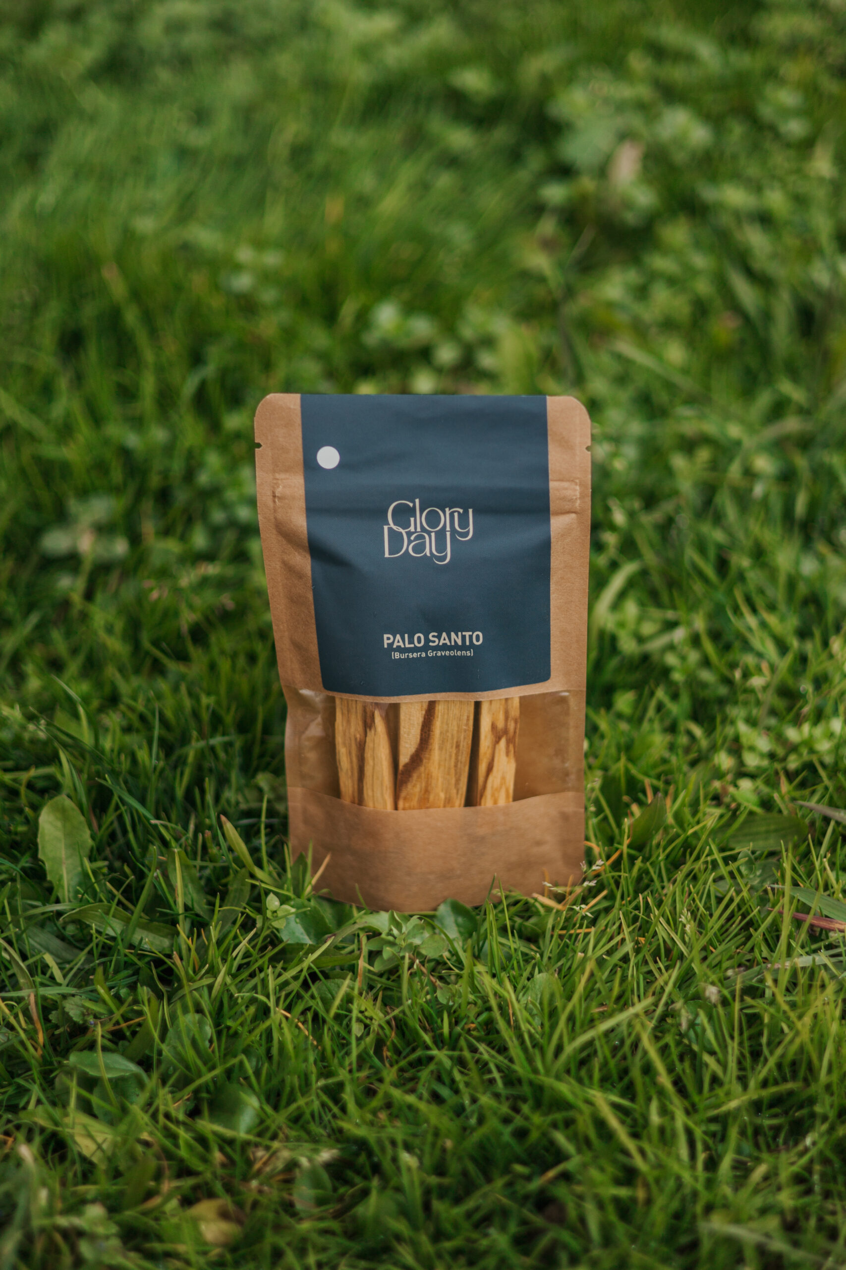 Smeđa papirnata vrećica Palo Santo štapića s natpisom 'Glory Day' stoji na travi.