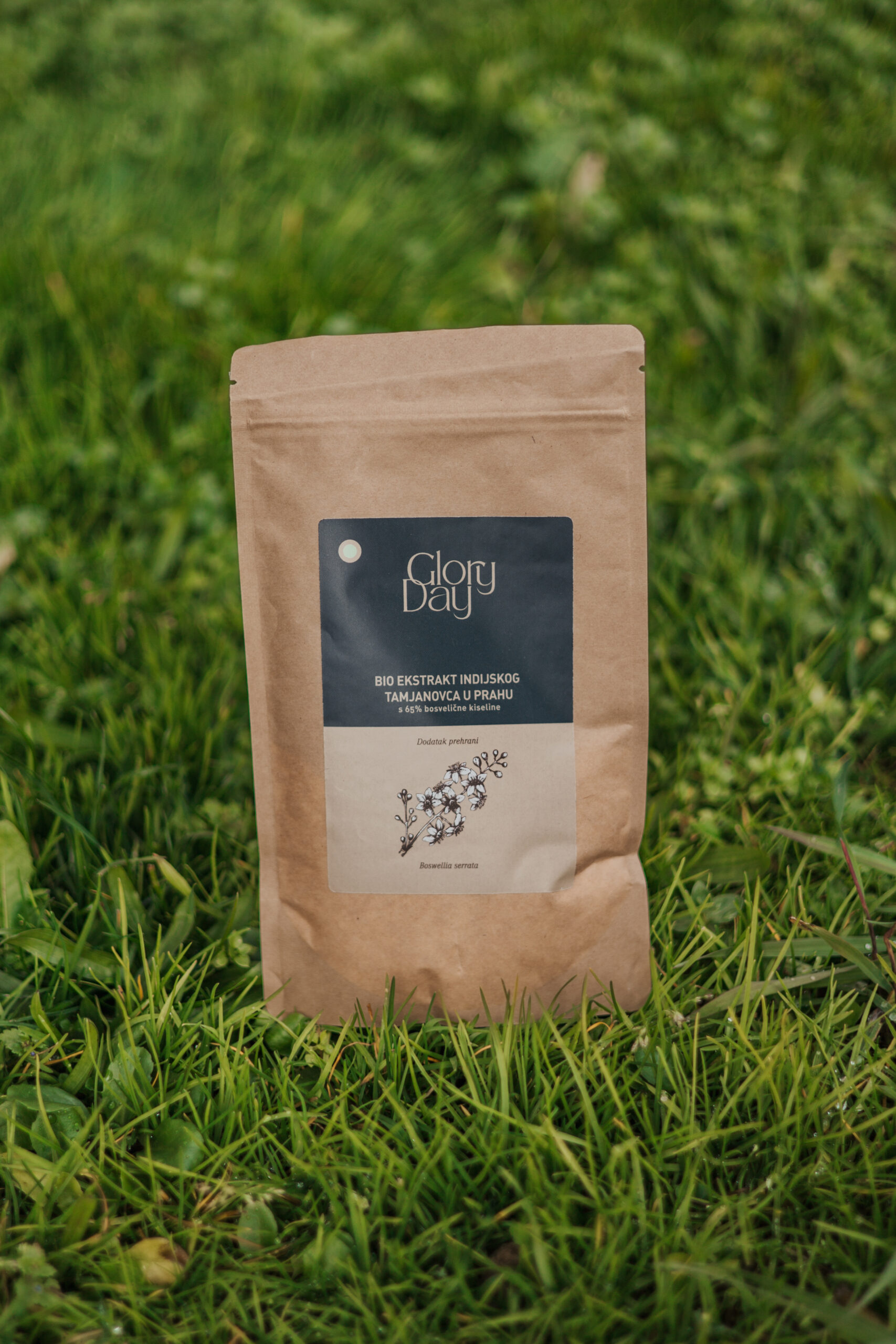 Smeđa papirnata vrećica s etiketom proizvoda na kojoj piše 'Glory Days', postavljena na travi.