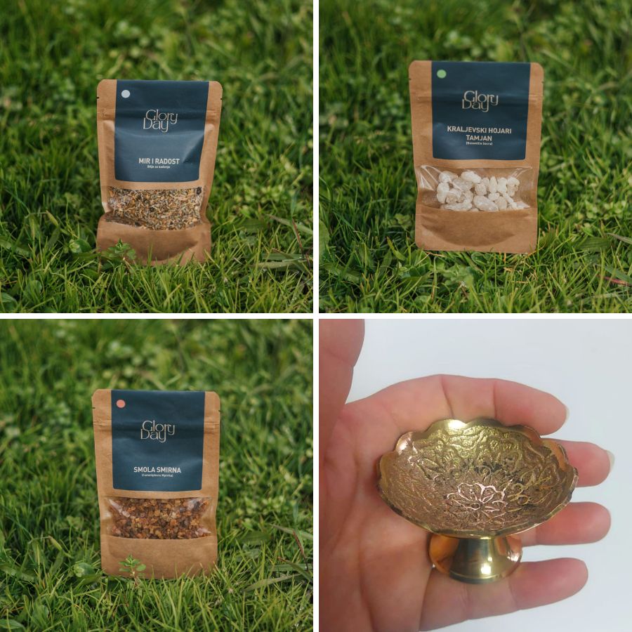 AKCIJSKI PAKET: Smirna smola, Boswellia sacra, mješavina “Mir i radost”, tamjanica 6 cm i briketi – ”Proljetno čišćenje i novi početak”
