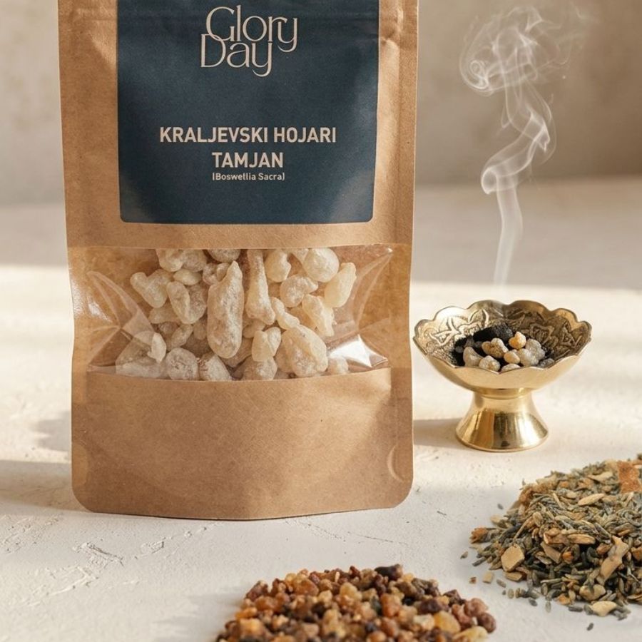 Set za kađenje - tamjanica, mješavian bilja, Oman Hojari Zeleni tamjan i smirna smola